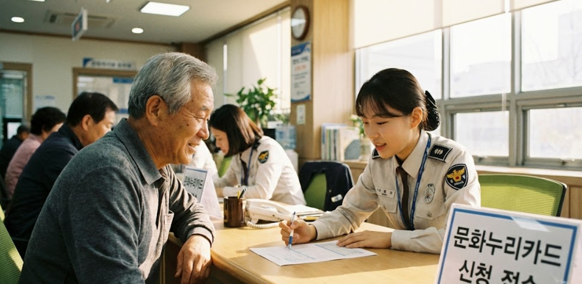 주민센터에서 직원의 안내를 받으며 카드를 신청하는 어르신의 모습
