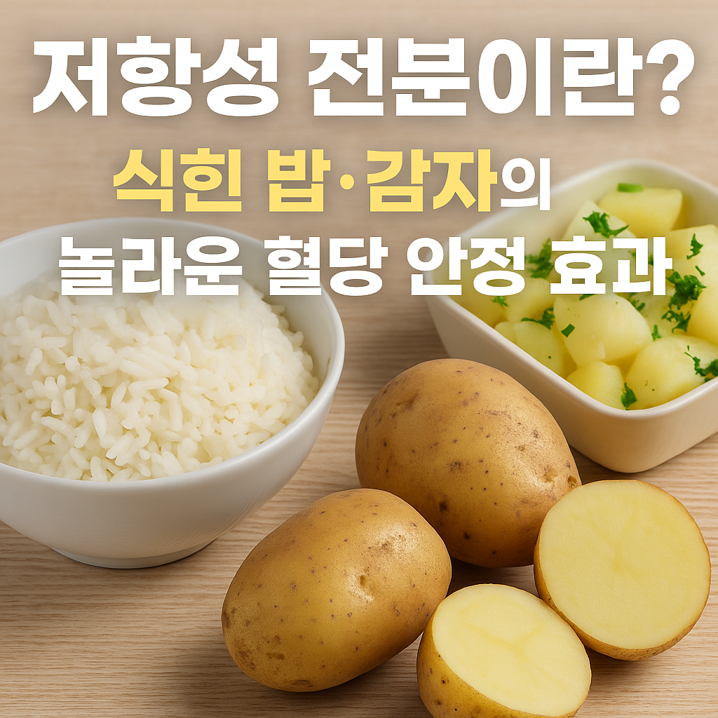 “하얀 밥 한 그릇과 삶아 식힌 감자, 그리고 껍질째 감자들이 나무 식탁 위에 놓여 있다. 따뜻한 자연광이 비치며 건강하고 깨끗한 분위기를 자아낸다. 상단에는 ‘저항성 전분이란? 식힌 밥·감자의 놀라운 혈당 안정 효과’라는 문구가 한글로 쓰여 있다.”