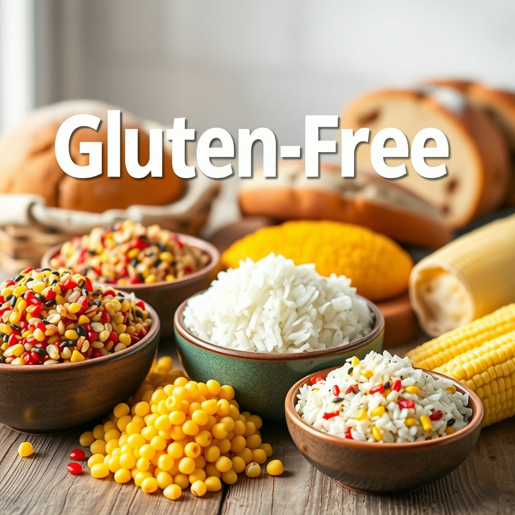 쌀, 퀴노아, 옥수수, 글루텐 프리 베이커리 제품 등 글루텐이 없는 건강한 식재료들이 신선하게 놓여 있는 모습입니다.