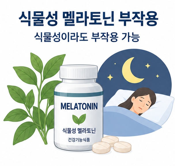 식물성 멜라토닌 부작용과 식물 유래 멜라토닌 제품, 졸림 아이콘을 함께 보여주는 건강 안내 이미지
