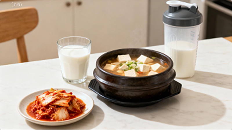 부드러운 아침 햇살 아래, 두부국과 김치, 단백질 셰이커가 놓인 식탁의 자연스러운 모습. 글자&middot;로고 없이 따뜻한 주방의 분위기를 담은 사진.