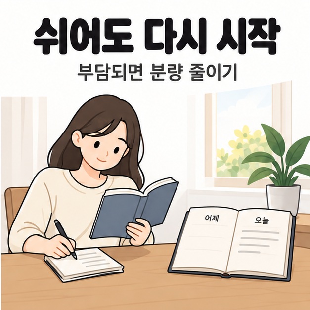 쉬어도 다시 시작 문구 아래 여성이 책을 읽으며 메모하고 옆에는 어제 쪽이 비어 있고 오늘 쪽에 기록이 있는 일지가 펼쳐진 모습