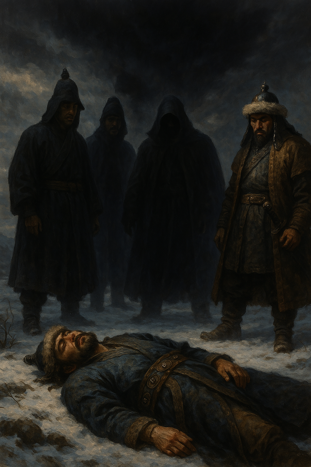 압록강 근처에서 피살된 몽골 사신 저고여와 고려-몽골 외교 갈등을 묘사한 역사적 장면