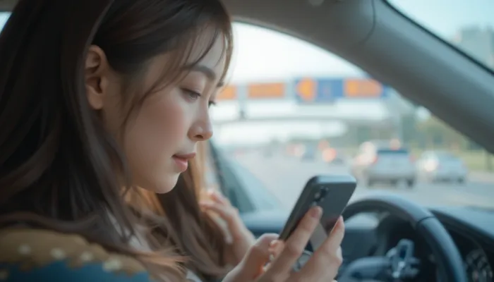 스마트폰 화면을 집중해서 보며 요금을 확인하는 여성