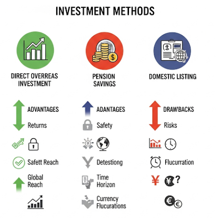 세 가지 다른 투자 방식을 상징하는 아이콘(해외 직투, 연금저축, 국내 상장)이 각각의 장단점을 보여주는 다이어그램