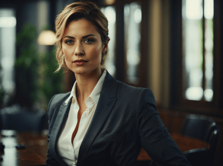 사무실을 배경으로 정면으로 바라보는 직장인 여성