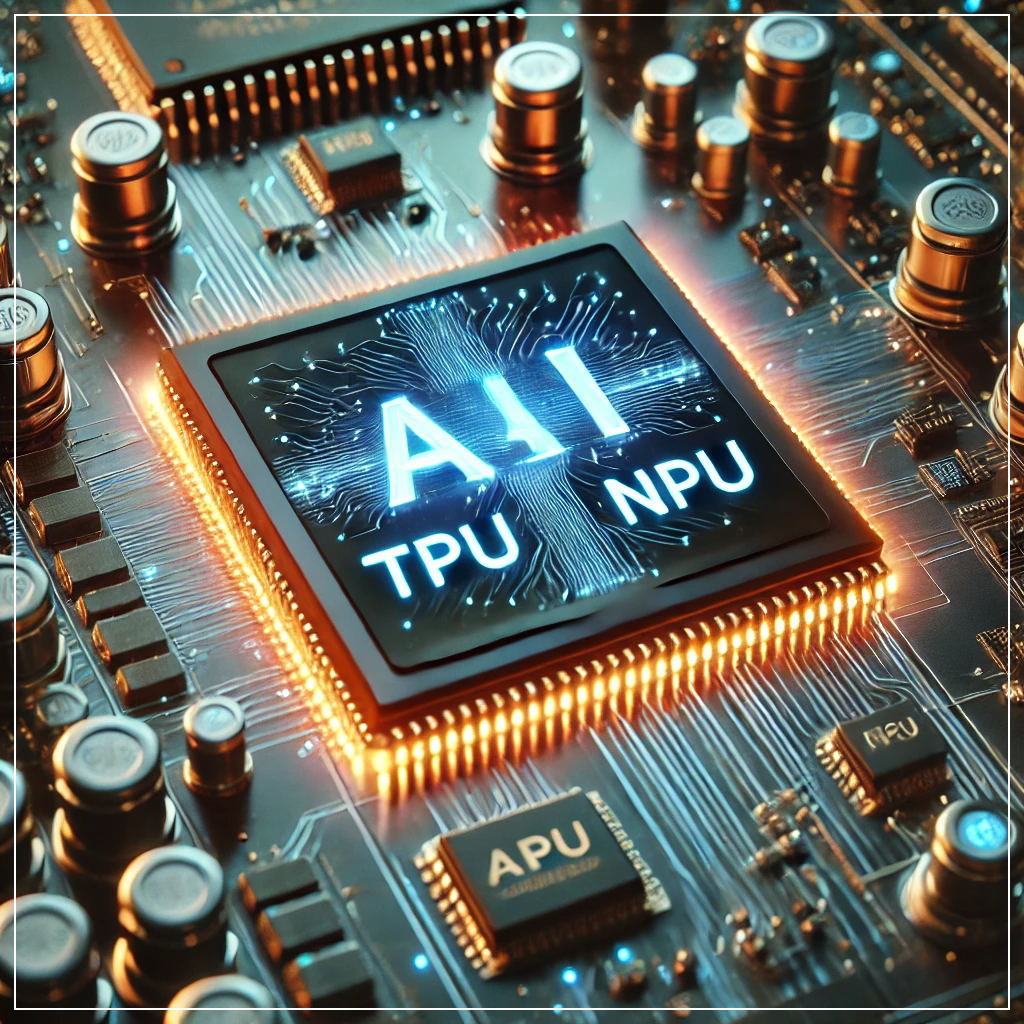 TPU 및 NPU로 표시된 첨단 AI 프로세서가 회로 기판 위에서 작동하는 모습
