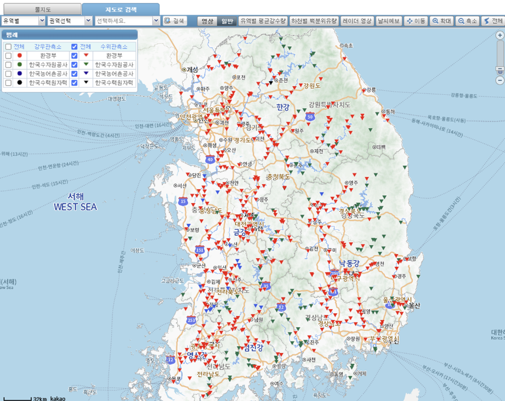 수위관측소 현황을 지도 기반으로 보여주는 화면