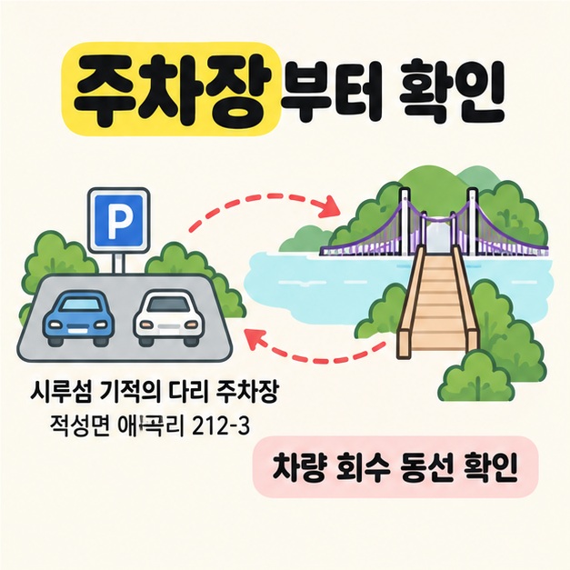 적성면 애곡리 212-3의 시루섬 기적의 다리 주차장과 다리 사이 왕복 화살표로 차량 회수 동선을 확인하도록 안내한 그림