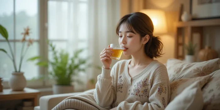 생리 늦어질때 증상 완화를 위해 허브차를 마시는 평온한 장면