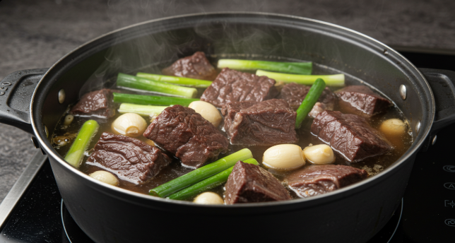 소고기 핏물 제거 및 삶고 있는 이미지