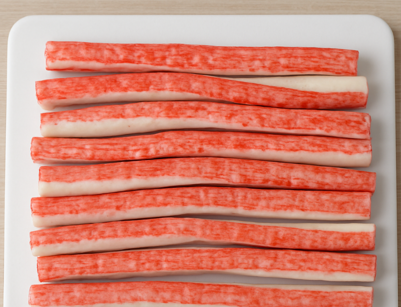 도마 위에서 빨간 맛살을 길게 반으로 나누어 나열한 깔끔한 모습