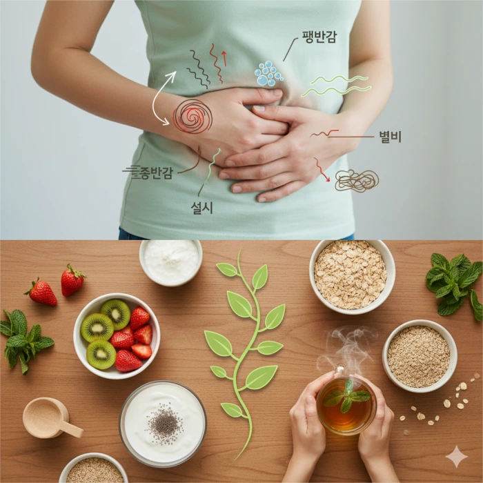 복부 주변에 팽만감, 통증, 설사, 변비 등 IBS 증상을 상징하는 그래픽 요소들이 표현되어 있고, 주변에는 저포드맵 식품과 휴식을 암시하는 이미지.