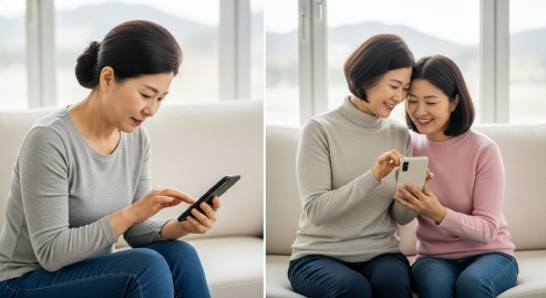 중년 여성이 앉아 앱을 살펴보는 장면