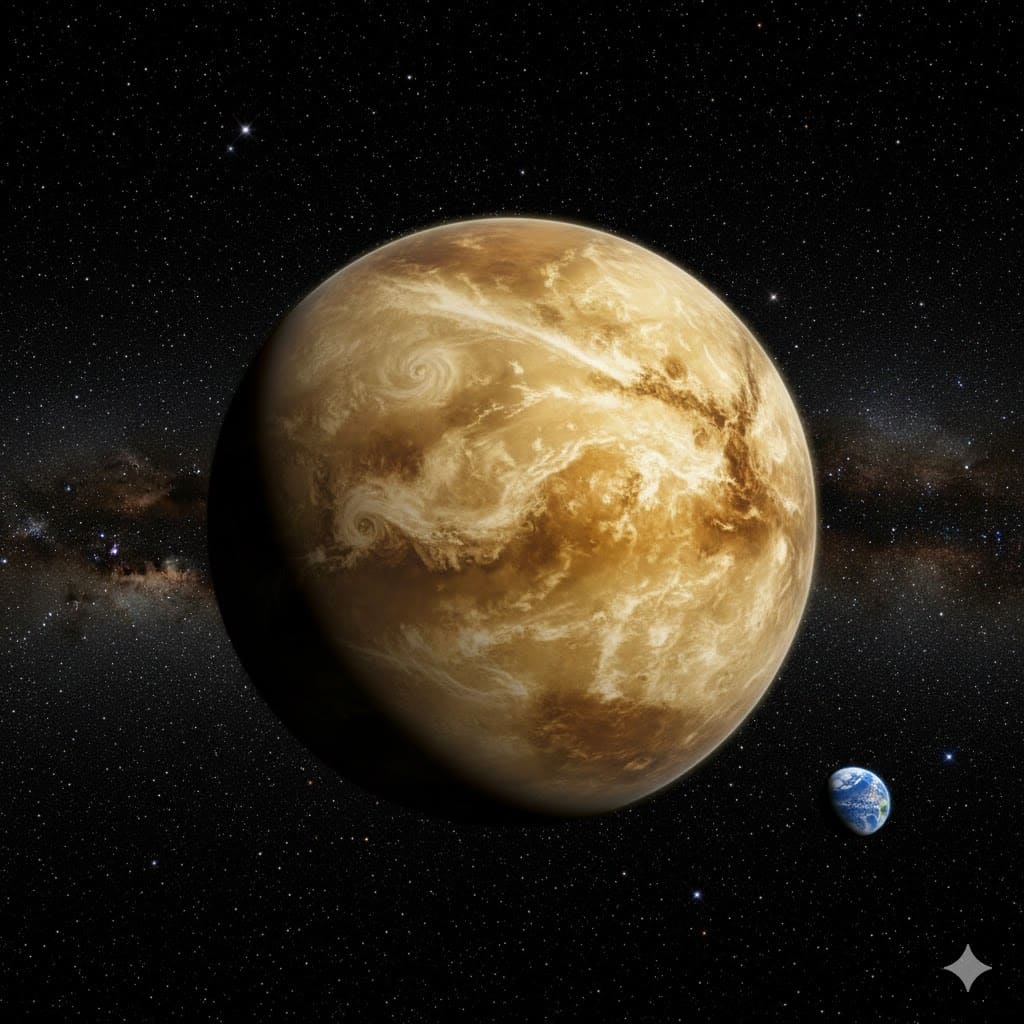 두꺼운 황산 구름으로 덮인 금성과 멀리 보이는 지구의 모습 우주 일러스트