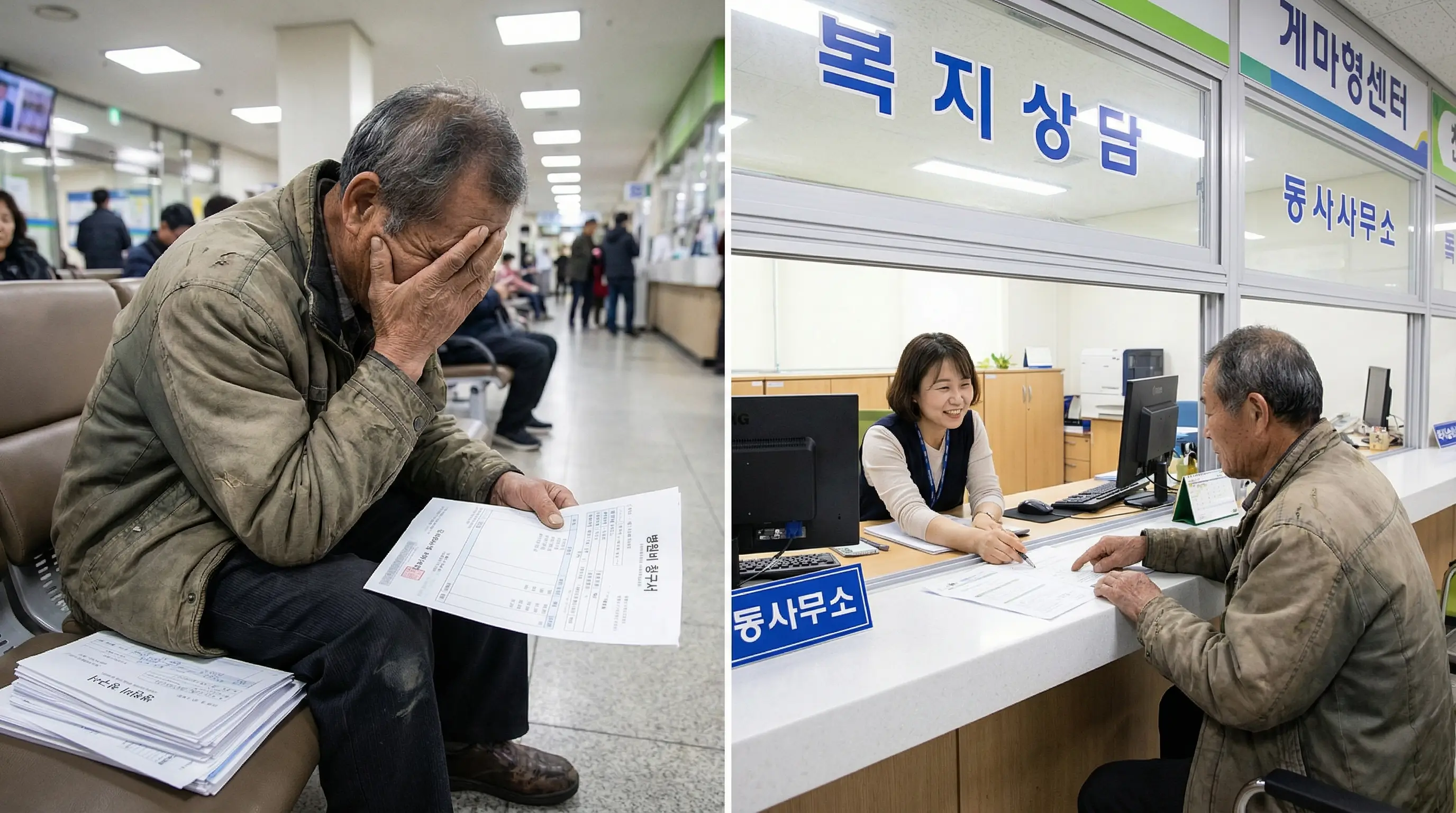 병원비 청구서를 들고 고민하는 환자의 모습과 동사무소 복지 상담 창구 이미지