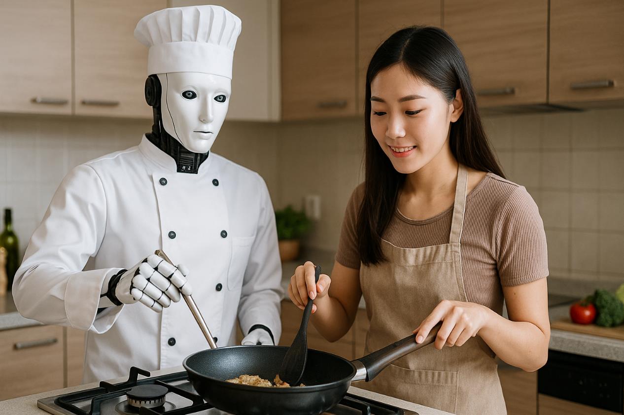 주방에서 AI 휴머노이드 로봇이 세프 모자 쓰고 20대 한국 여자와 함께 요리하는 사진