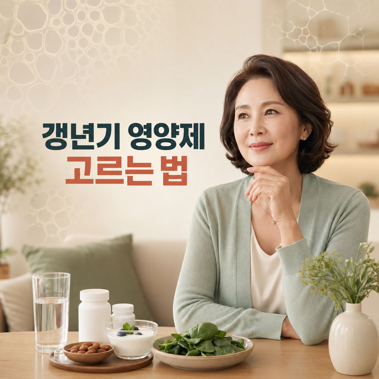 갱년기 영양제 선택과 칼슘 비타민D 등 주요 영양소를 표현한 건강정보 이미지