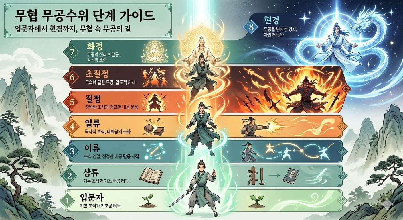 삼류 → 이류 → 일류 → 절정(초입~완숙) → 절정(극) → 초절정(초입~완숙) → 초절정(극) → 화경(초입~완숙) → 화경(극) → 현경(초입~완숙) → 현경(극) → 생사경(초입) → 생사경(완숙~극) → 자연경(초입~극) → 공허경 → 여의경