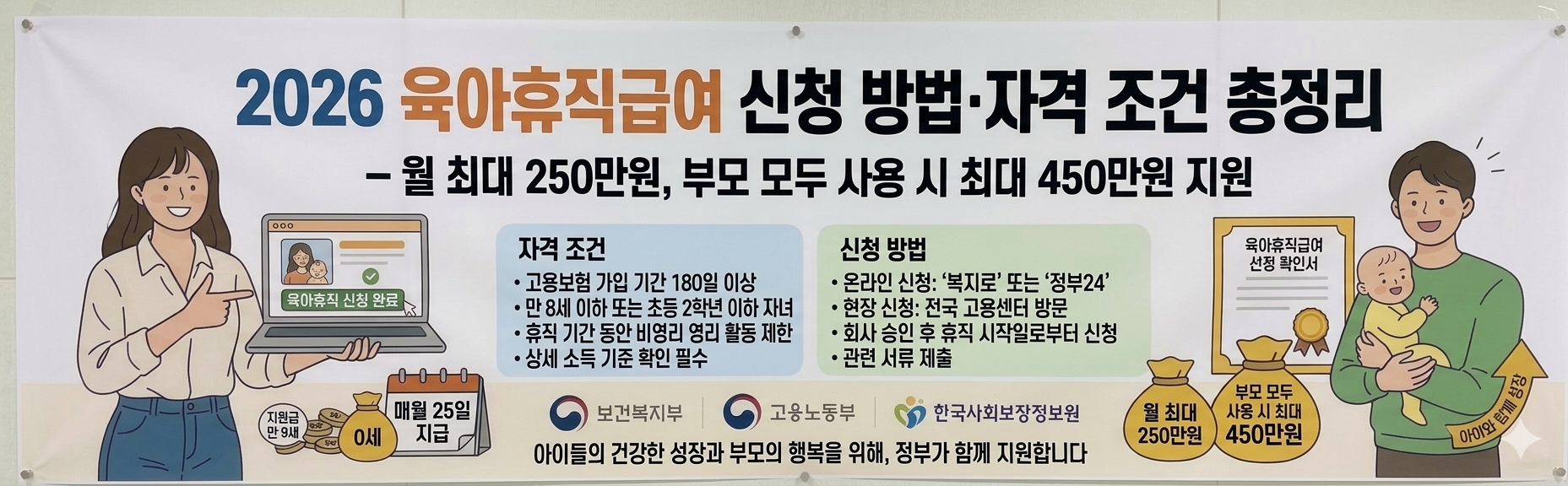 2026 육아휴직급여 신청 방법&middot;자격 조건 총정리 (월 최대 250만원, 부모 모두 사용 시 최대 450만원) 사진