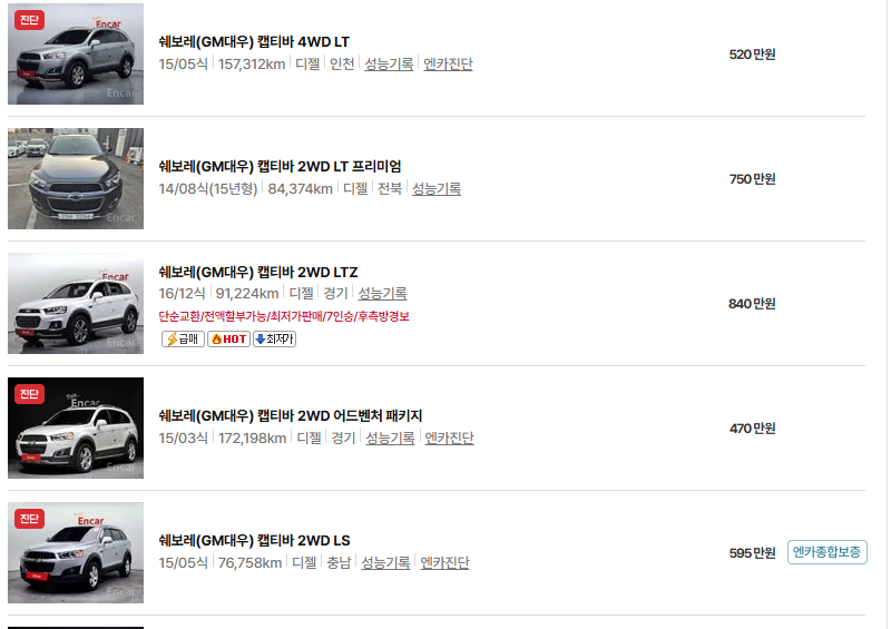 쉐보레 캡티바 중고차 가격 시세표 유지비