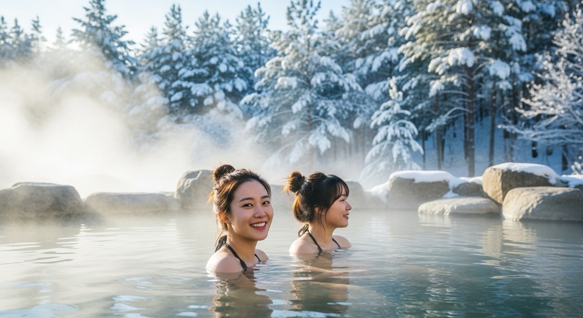 따뜻한 김이 나는 겨울 야외 온천에서 휴식하는 모습