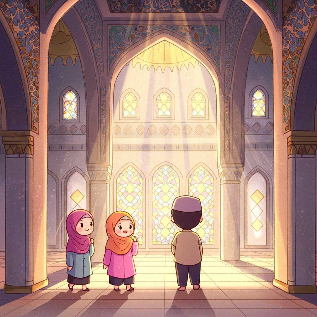 두바이 여행 모스크를 방문한 관광객들이 신발을 벗고 경건한 자세로 서 있는 일러스트. 히잡과 긴 옷을 입은 모습. (두바이 복장 규정, 이슬람 문화 이해)