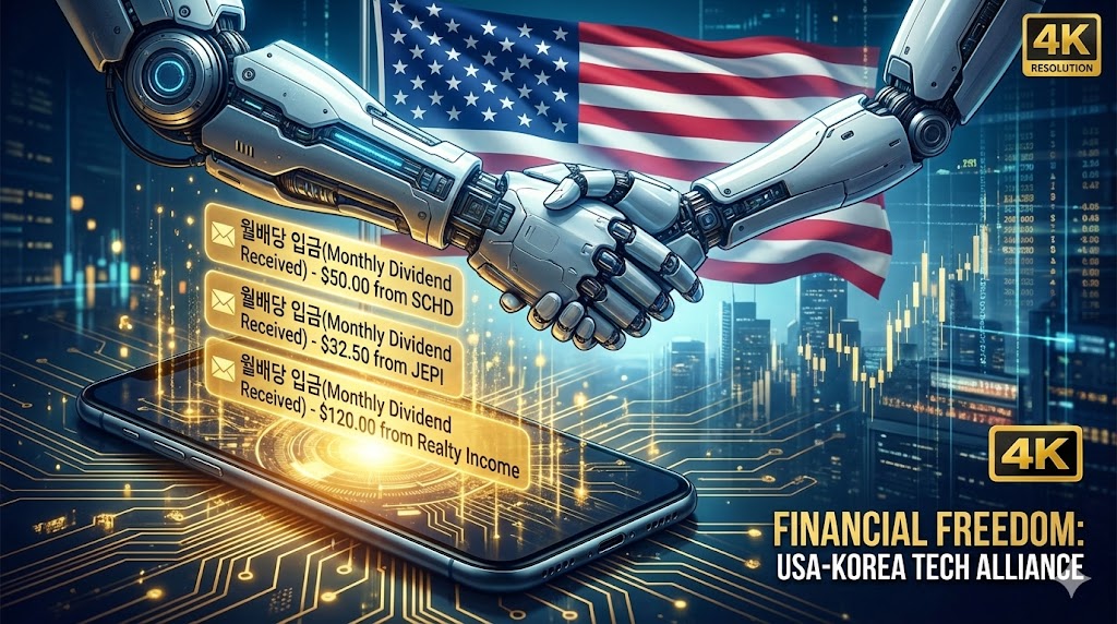 성조기와 로봇 팔이 악수하는 배경 위로, 스마트폰 화면에 매달 입금되는 '월배당' 알림이 화려하게 쏟아지는 테크니컬한 썸네일