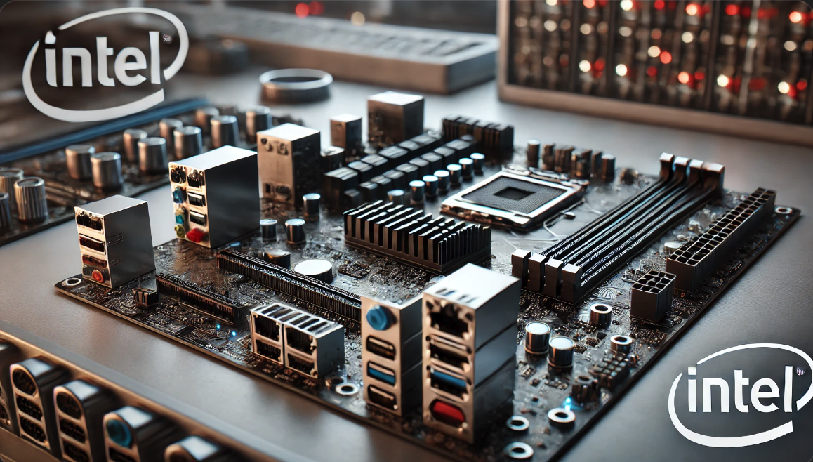 다양한 포트와 슬롯이 강조된 인텔 마더보드의 상세 클로즈업