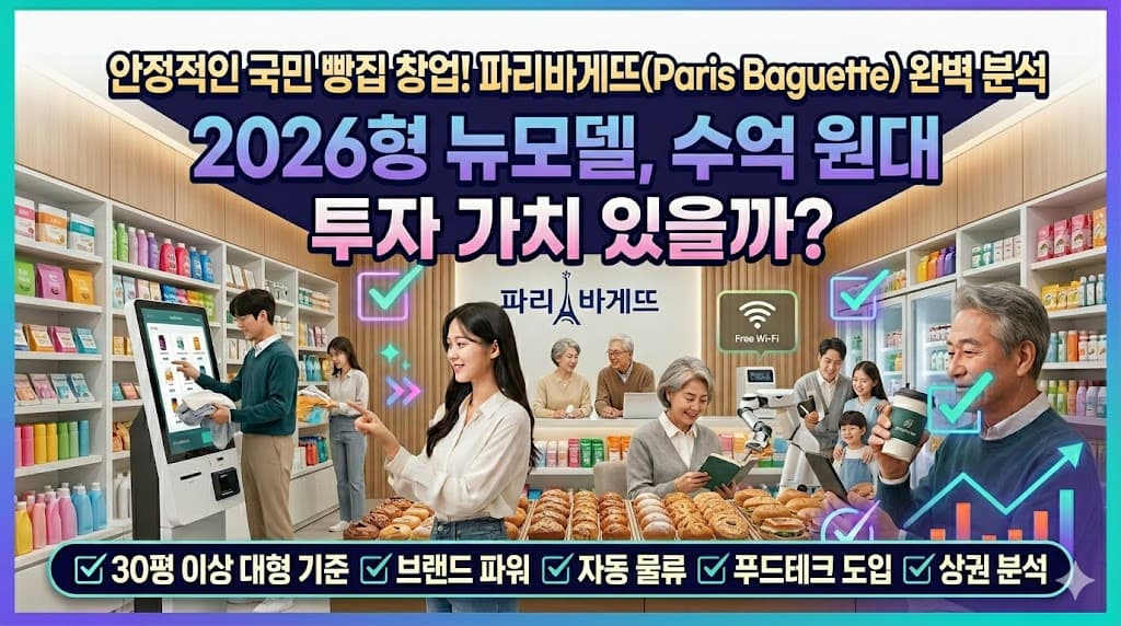 대한민국 1위 베이커리 파리바게뜨(Paris Baguette) 가맹 창업 포스팅의 세련된 블로그 썸네일. 상단에 '안정적인 국민 빵집 창업! 파리바게뜨 완벽 분석', 중앙에 '2026형 뉴모델, 수억 원대 투자 가치 있을까?'라는 대형 한국어 텍스트가 강조되어 있습니다. 배경에는 현대적인 인테리어와 로봇 제빵 기술이 도입된 파리바게뜨 매장 내부 및 따뜻한 빵과 케이크가 진열된 모습이 보입니다. 하단 바에는 '✅ 압도적 브랜드 ✅ 자동 물류 ✅ 대형 상권 ✅ 안정적 수익 ✅ 로열티/체크리스트' 아이콘이 나열되어 있습니다.
