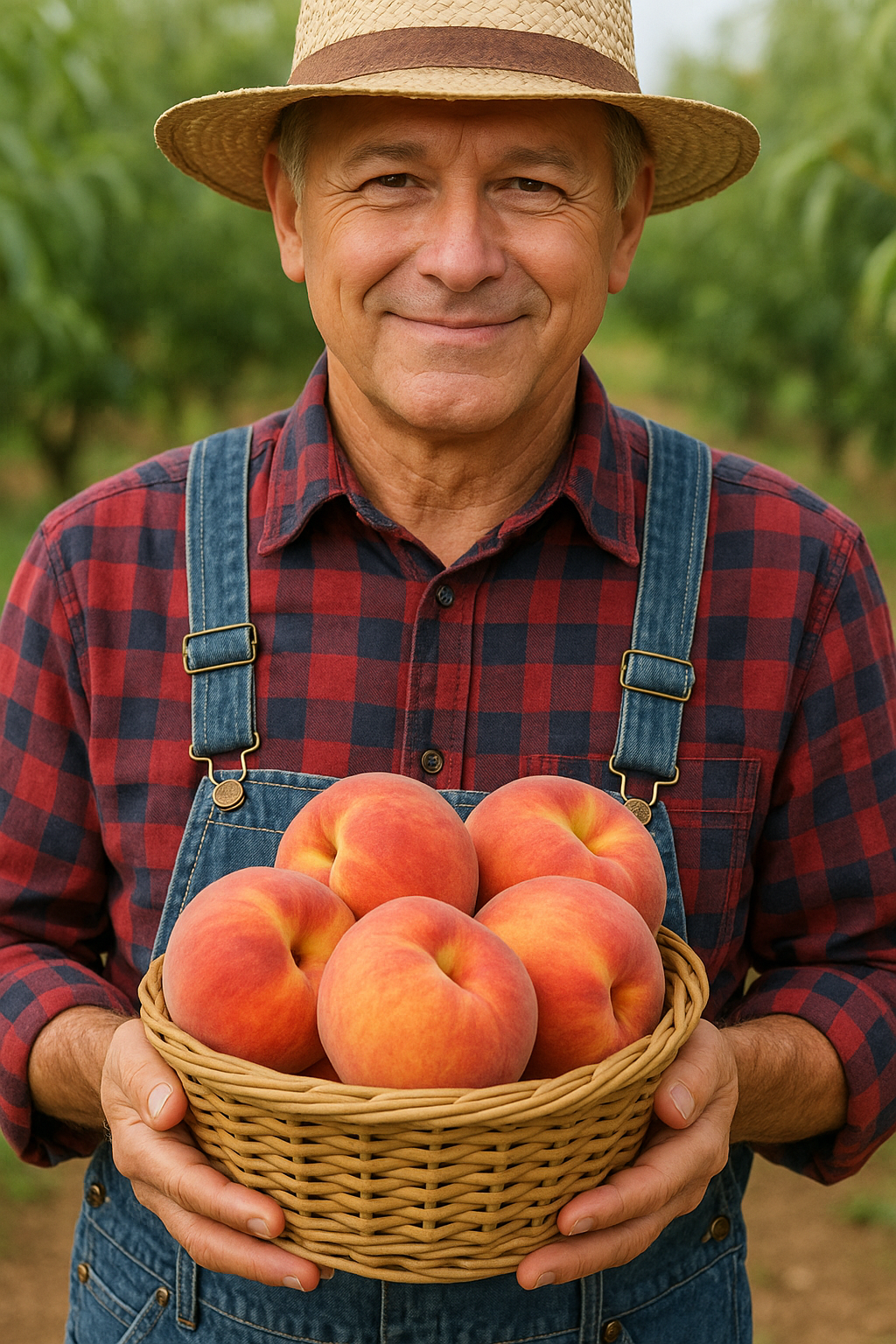 복숭아 바구니를 든 중년 농부