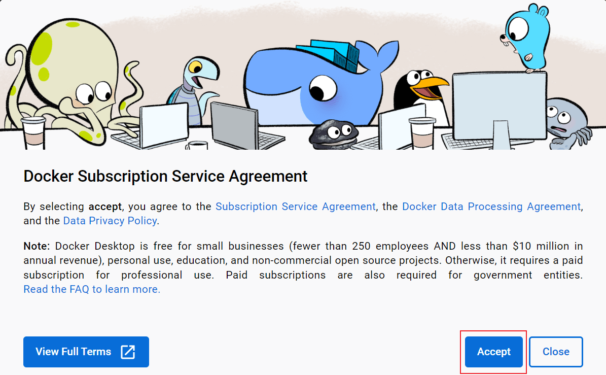 Docker 첫 실행시 서비스 동의 내용 이미지입니다.