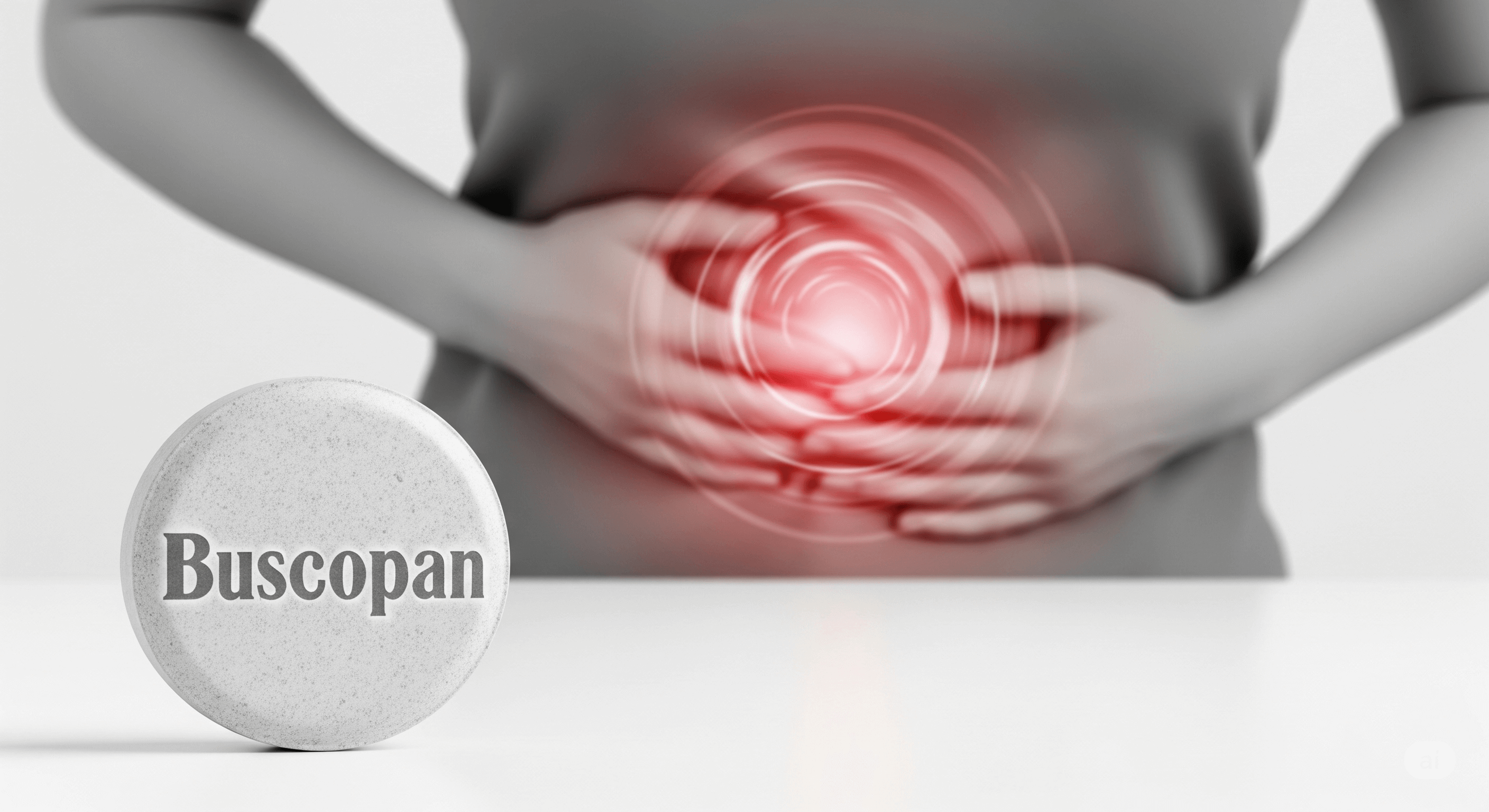 브스코판 약과 복통의 이미지를 표현함.