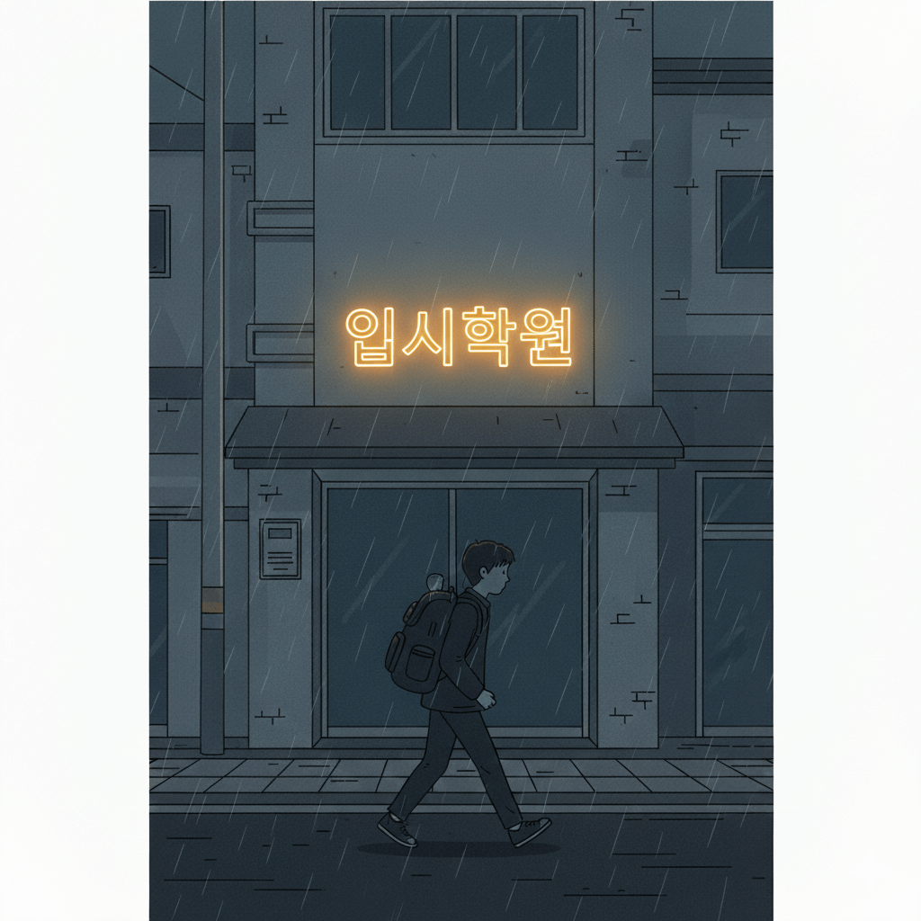 늦은 시간 학원 앞의 무거운 가방을 짊어진 청소년