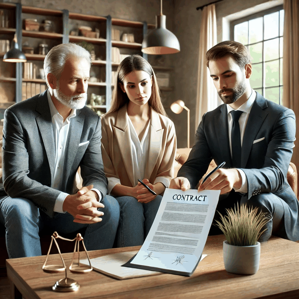 집주인과 세입자가 변호사와 함께 주택 임대 계약서를 검토하는 모습