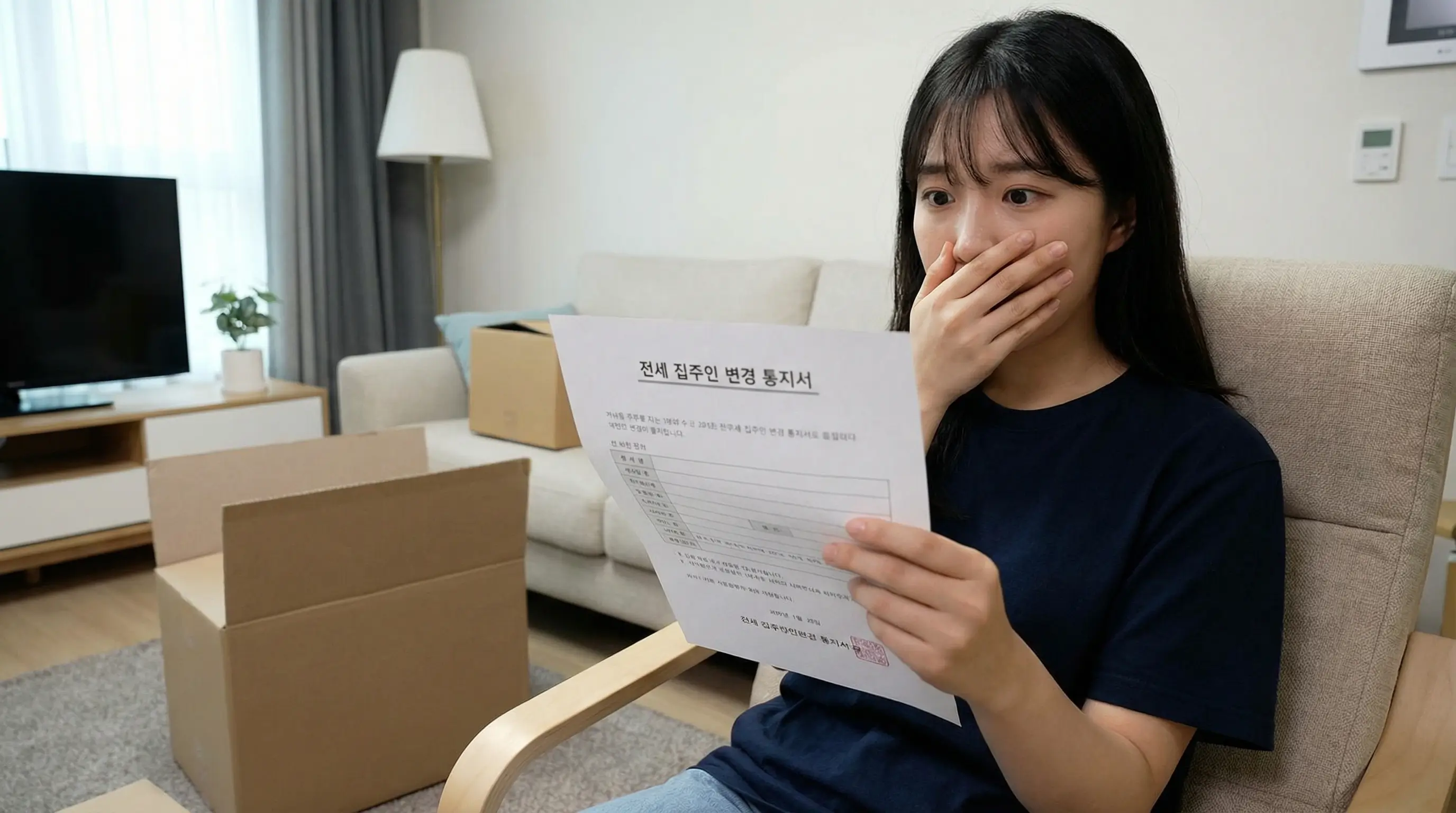 전세 집주인 변경 통보를 받고 당황하는 세입자 이미지