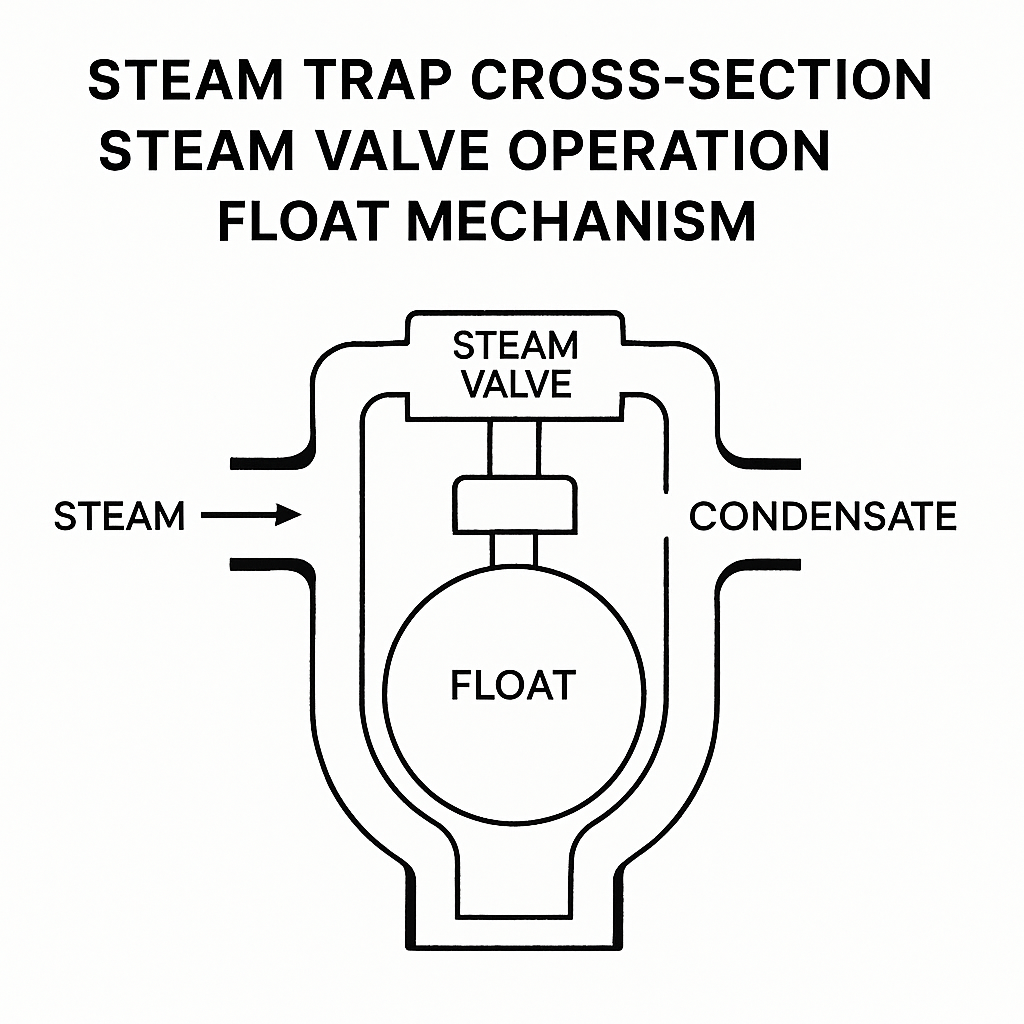 Steam trap cross-section showing float and valve operation