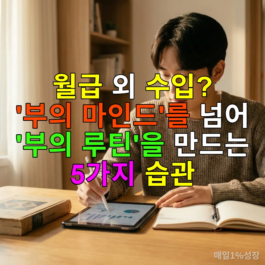 한국인 직장인이 집에서 재정 계획을 세우는 모습, 태블릿과 노트북, 그리고 다양한 수입원을 상징하는 요소들이 함께 놓여있다.
