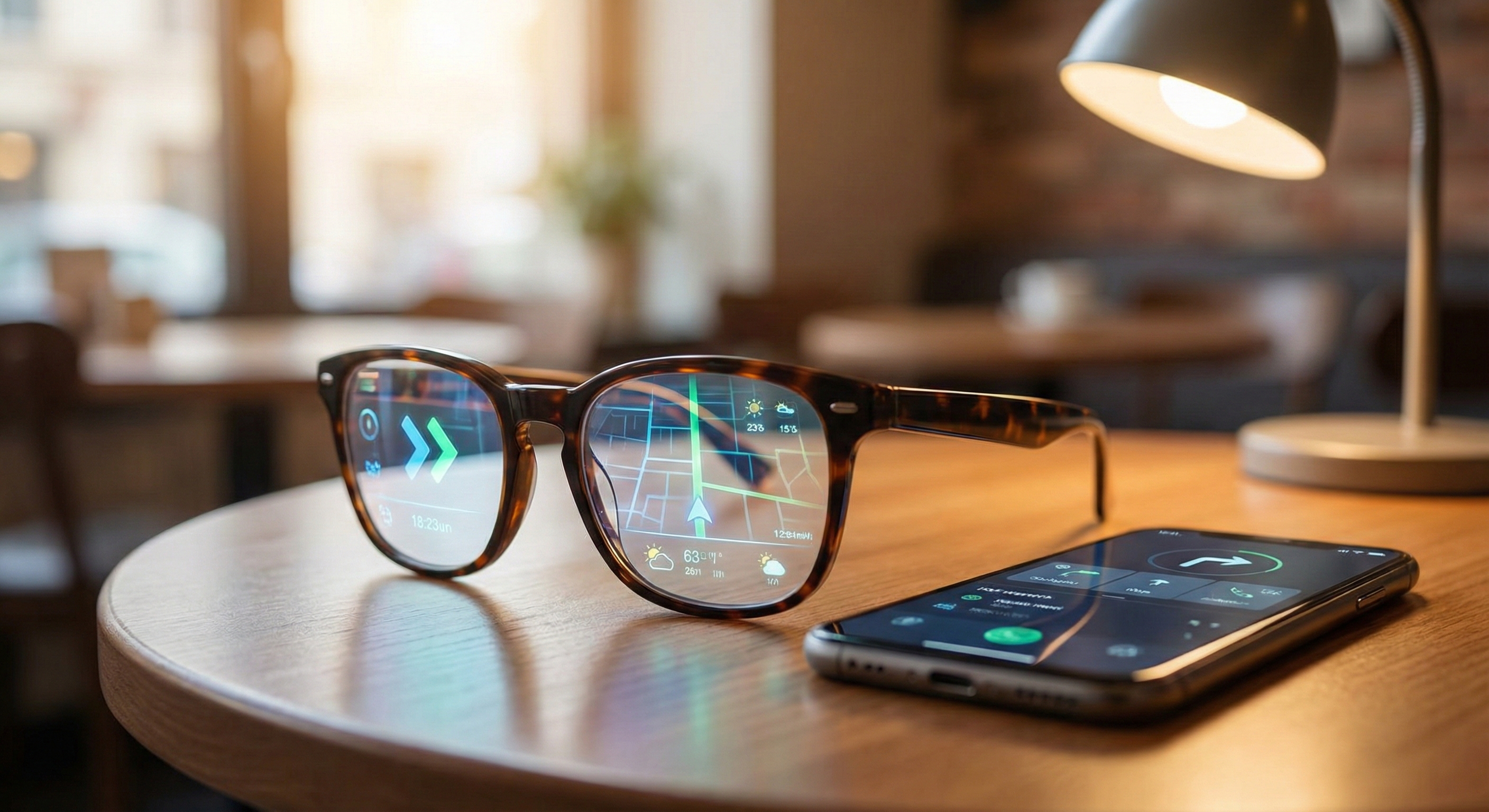 2026년형 최신 스마트 글래스 디자인, 렌즈에 증강현실(AR) 네비게이션 정보가 표시되는 모습