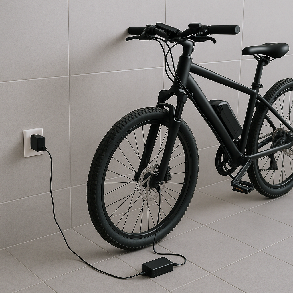 전기자전거를 벽 콘센트에 직접 연결해 충전하는 안전한 장면(불연성 바닥·이격 확보)