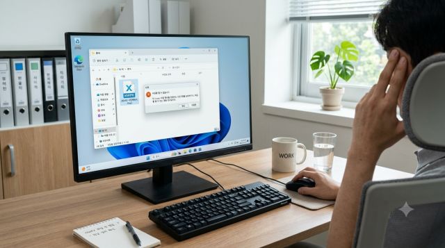 HWPX 파일이 열리지 않는 문제를 확인하기 위해 컴퓨터에서 한글 문서를 열어 보는 장면