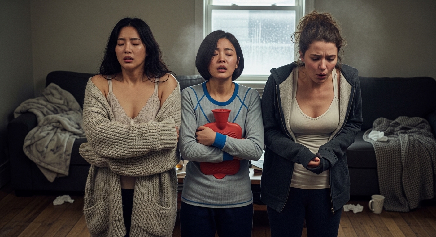 추위에 떠는 여자들