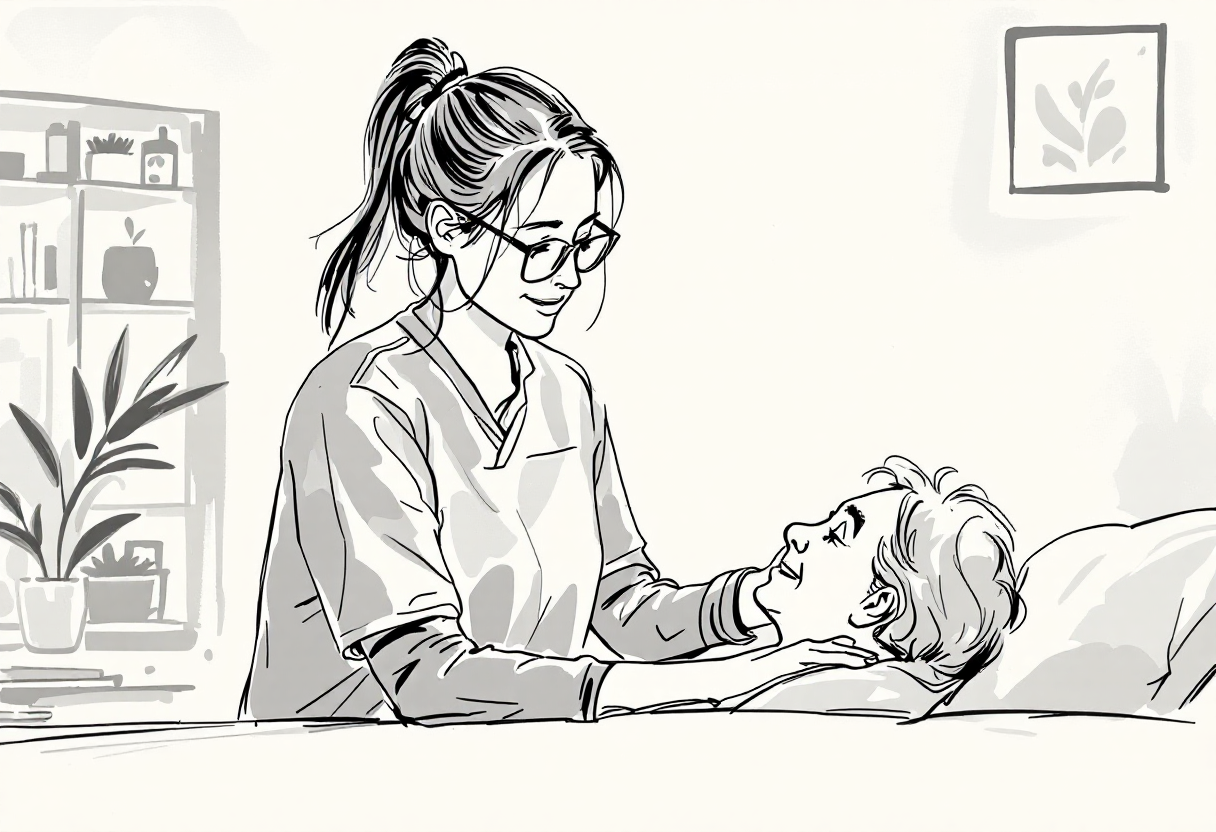 병실에 누워있눈 할머니를 돌보는 딸 모습