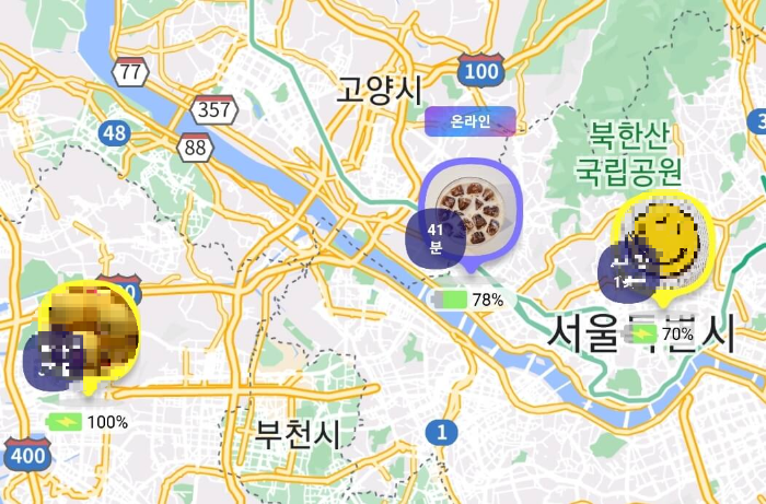 3명의 사용자 위치가 표시된 지도