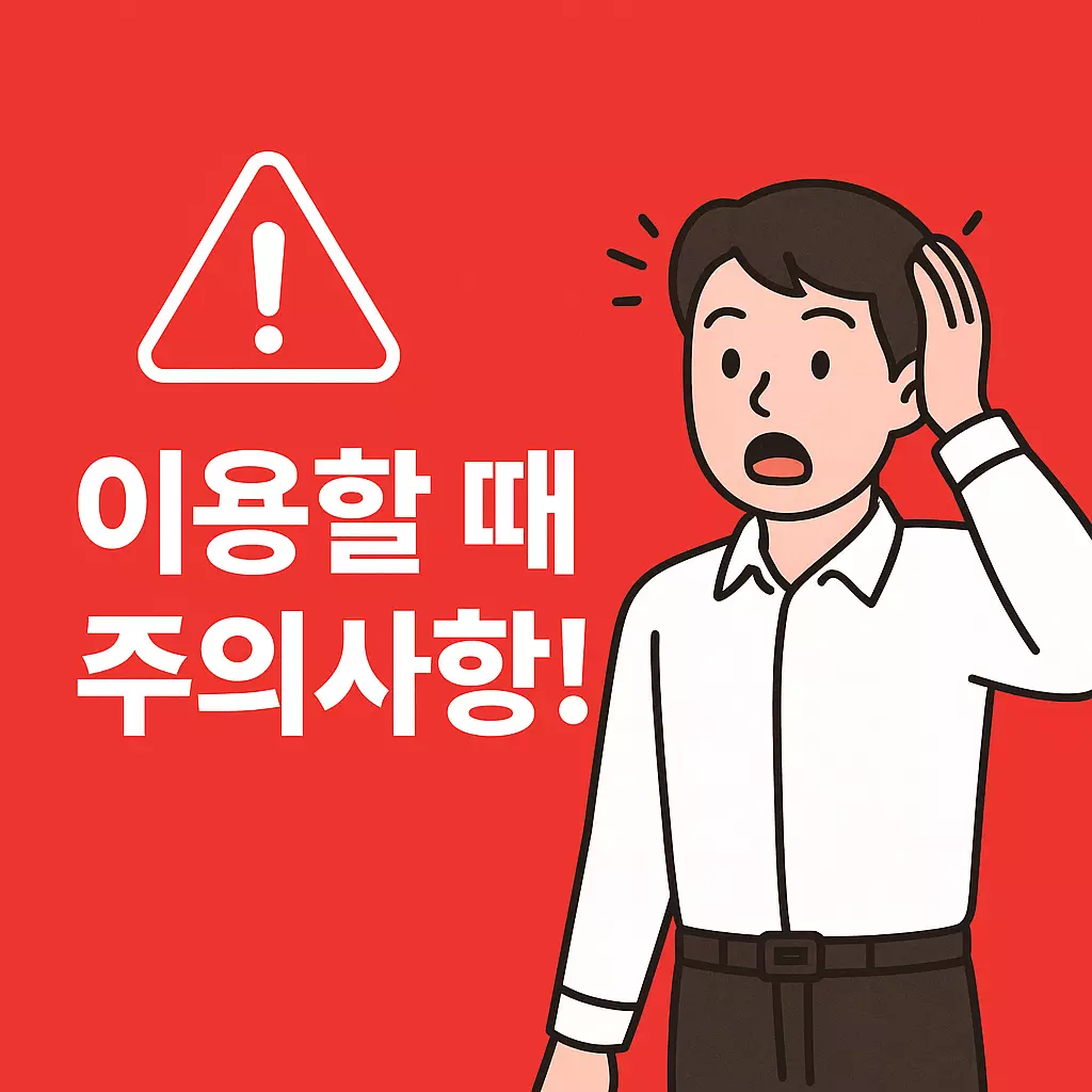 경기도 청년 복지 포인트 이용 시 주의사항을 알리는 경고성 이미지, 놀란 표정의 남성과 느낌표 아이콘 포함된 강조 디자인