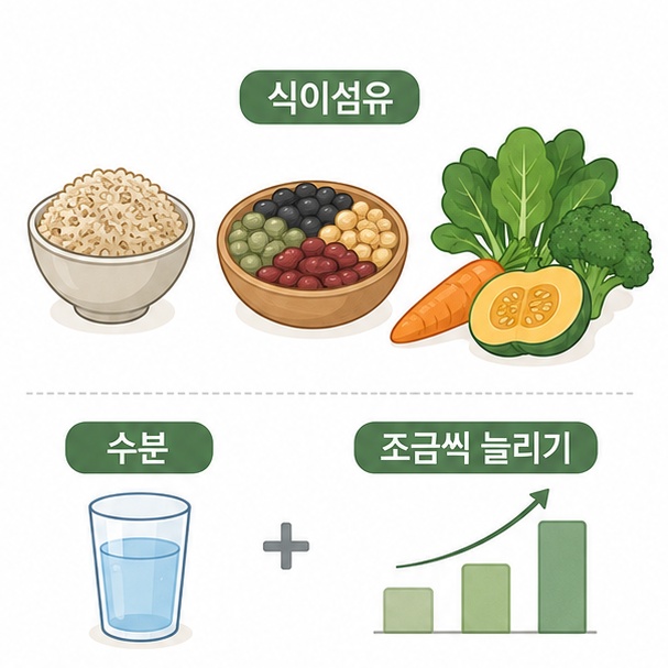 통곡물과 콩, 과일, 채소에서 식이섬유를 섭취하고 충분한 수분을 함께 먹는 모습을 보여주는 그림
