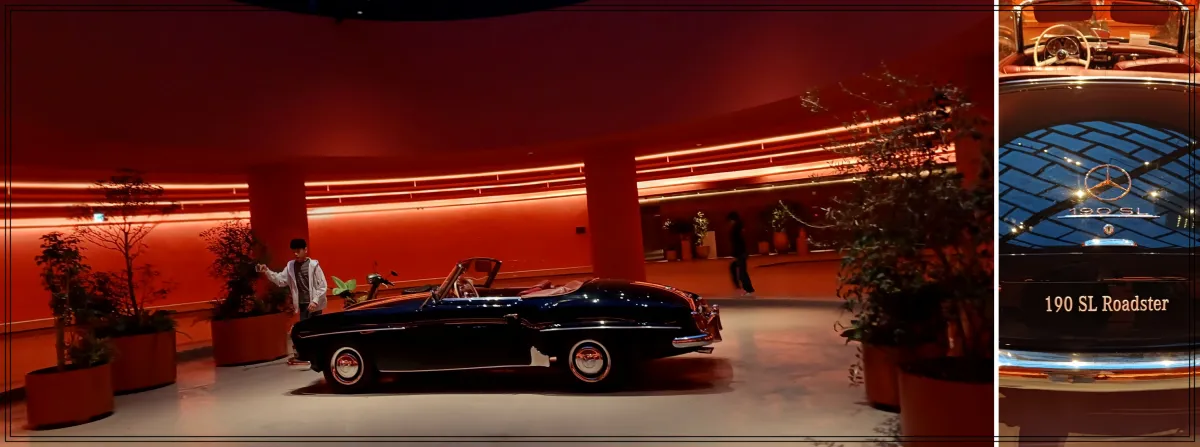 빌라쥬드-아난티-루-주차장-붉은-분위기-조명-메르세데벤츠-오픈카-차량이-전시되어-있음-남자아이가-옆에서-사진찍고자-함-옆에-벤츠-차량-앞부분을-클로즈한-사진-붙어있음