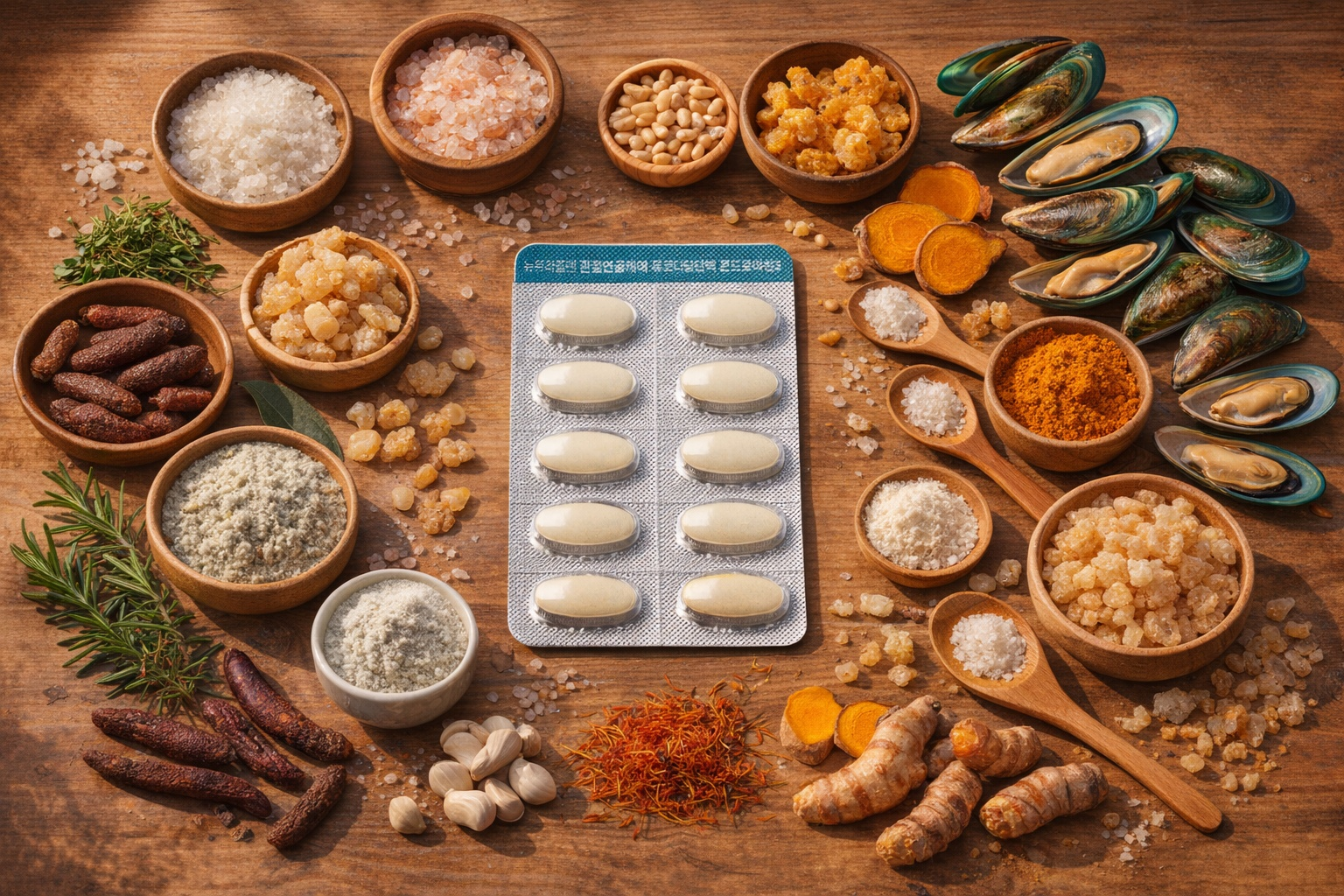 뉴트라플랜 관절연골케어 뮤코다당단백 콘드로이친3 PTP 개별 포장과 초록입홍합, 보스웰리아 등 15종의 엄선된 부원료 연출 이미지