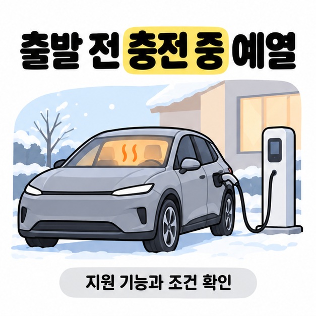 눈 내린 주차 공간에서 충전기에 연결된 전기차의 실내가 따뜻해지는 모습과 출발 전 충전 중 예열 안내를 보여 준 그림