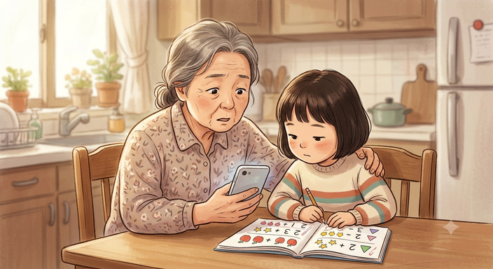 할머니와 손주 함께 숙제 보기